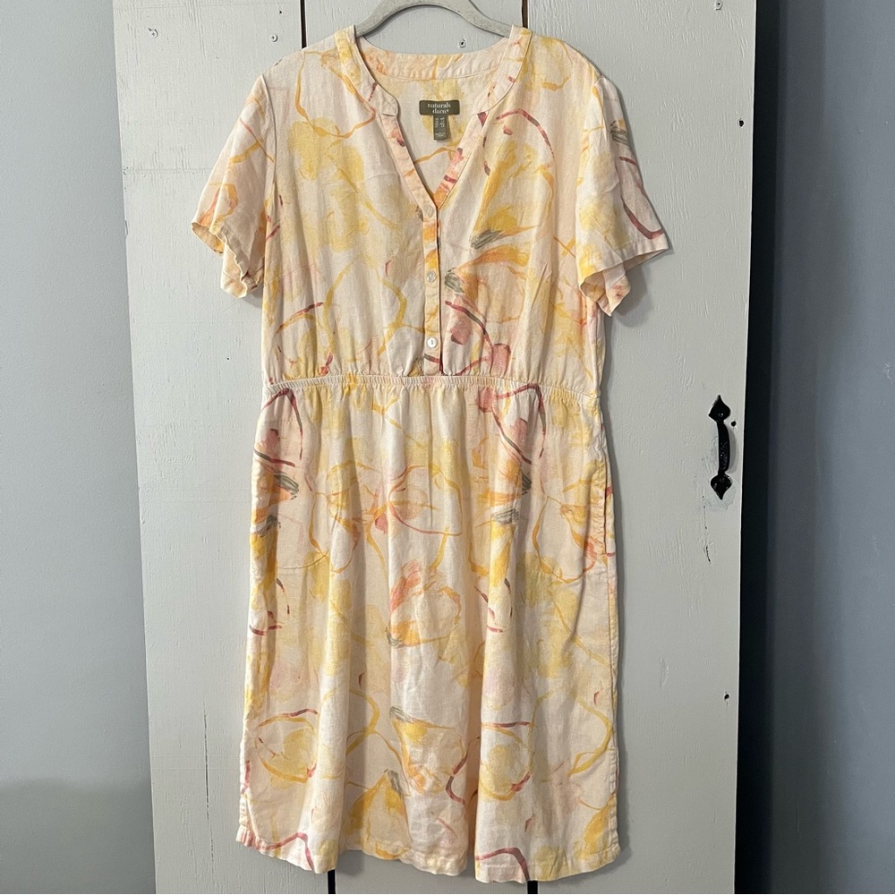 Naturals D&Co. Women's Linen Blend Short Sleeve Dress Floral Button Front Dress
